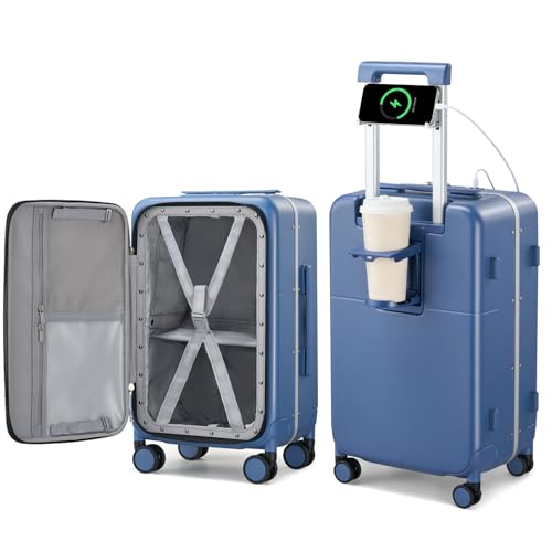 24 Inch Checked Luggage with Cup Holder and USB Ports (Interstellar Blue / 24 Inch)
