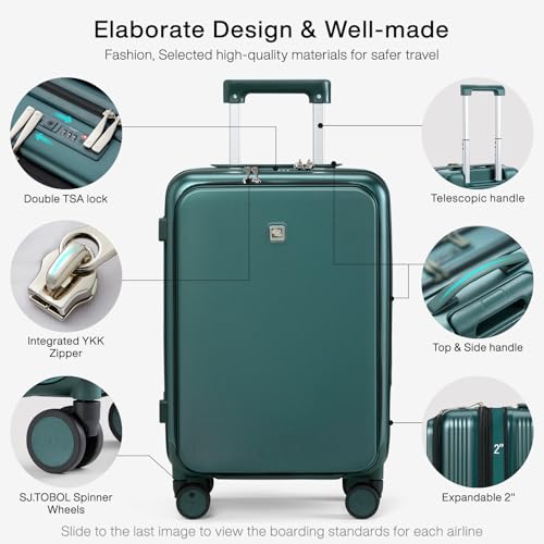 Grace Expandable Carry On Luggage with Wheels Airline Approved Hard Shell Suitcases with Front Pocket (20 Inch-3 / Blackish Green)