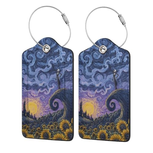 2 Pack Luggage Tags for suitcases Halloween Horror Sunflower TSA Approved Label Luggage Tag Baggage Tag Leather Stainless Steel Loop Label Tag for Men Women Travel Bag Suitcase (Halloween Horror Sunflower)