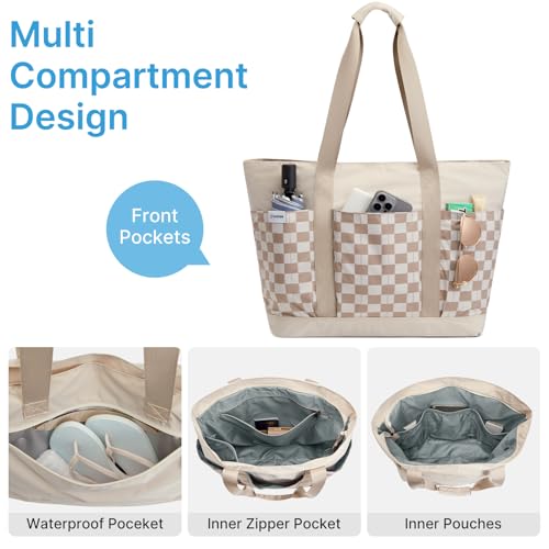 Beach Bag Waterproof Beach Tote Pool Bags for Women (Brown Checkered / 35L)