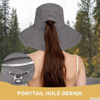 Sun Hats for Women Wide Brim Ponytail UV Protection Beach Hat Packable Waterproof Bucket Hat for Travel Hiking Gardening (Grey)
