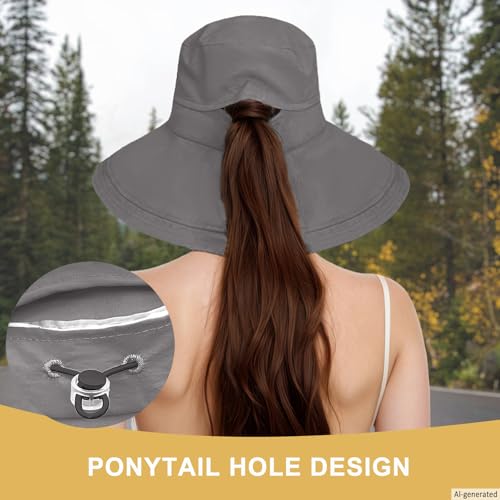 Sun Hats for Women Wide Brim Ponytail UV Protection Beach Hat Packable Waterproof Bucket Hat for Travel Hiking Gardening (Grey)