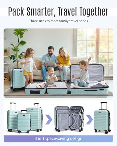 Luggage Sets 3 Pcs Suitcase with Wheels (Mint Green / 3-Piece Set-20 Inch/24 Inch/28 Inch)