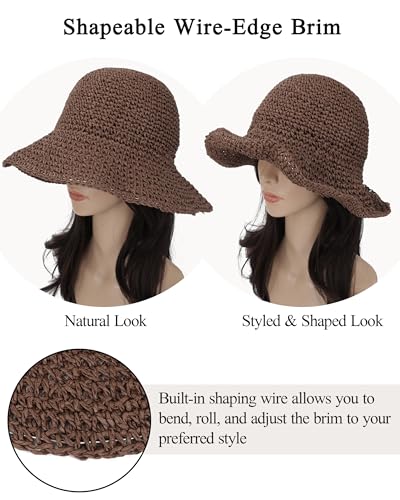 Womens Crochet Straw Sun Hat Foldable Floppy Wide Brim Beach Hat for Summer (One Size / Coffee)