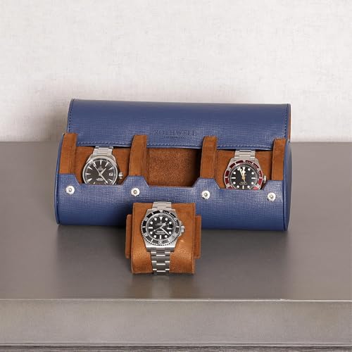 Watch Roll Travel Case for 3 Watches (Blue/Tan (PU Leather))