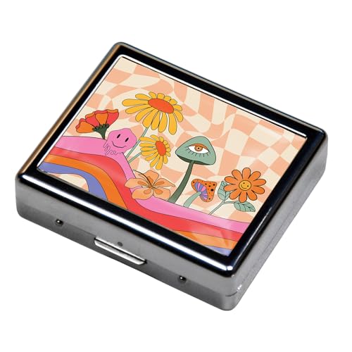 Silver Vintage Pill Box 7 Day Metal Pill Box with Mirror and 8 Compartments Cute Travel Pill Organizer for Purse (Rainbow Flowers)