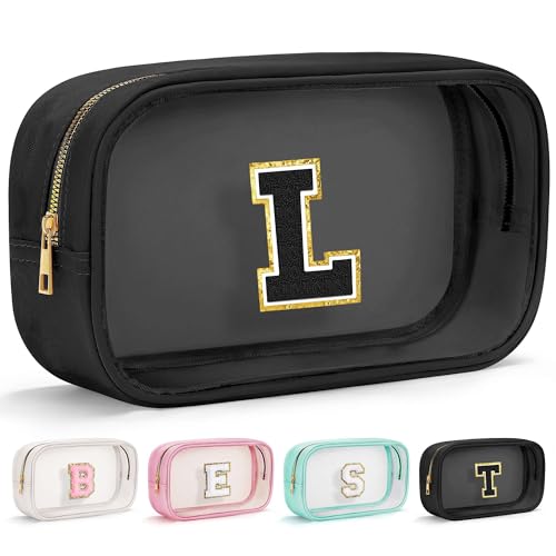 Birthday Gifts for Girls Kids Makeup Bag Organizer Clear Toiletry Bags for Traveling Women Cosmetic Bags with Zipper Birthday Gifts for 3 4 5 6 7 8 9 10 11 12 13 Year Old Girls Black Initial L (Large-Black / L)