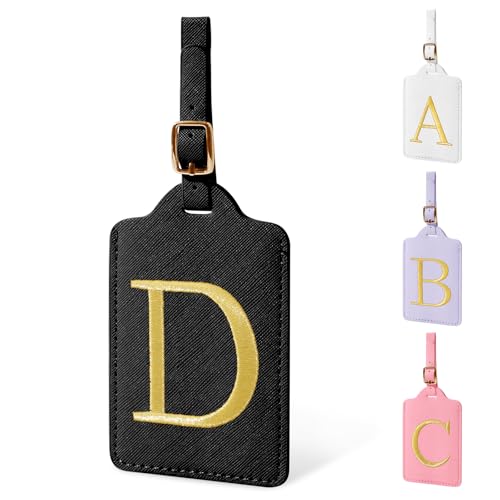 Personalized Initial Luggage Tags for Suitcase TSA Approved (Black Leather,glod Letter / D)