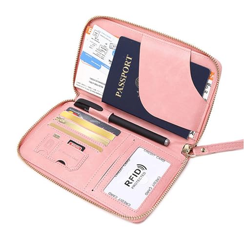 Multi Function RFID Travel Passport Wallet with Phone Pocket (Pink)