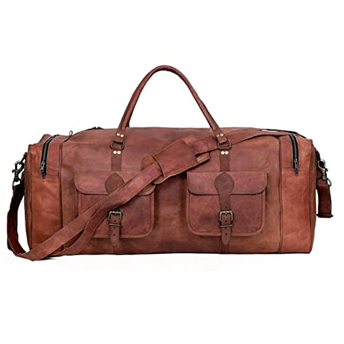 Leather Duffle Bag for Men Luggage Handmade Travel Bag Carry On Luggage Weekender Bags Overnight Gym Sports Cabin Holdall Bag For Airplanes Men And Women (30 inch)