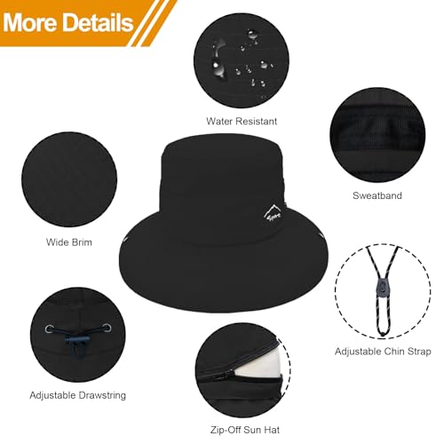 Sun Hats for Women Bucket Hat UV Protection Fishing Hat Wide Brim Safari Hats 2 in 1 Zip (With One Pair Cooling Sleeves-1pack-black)