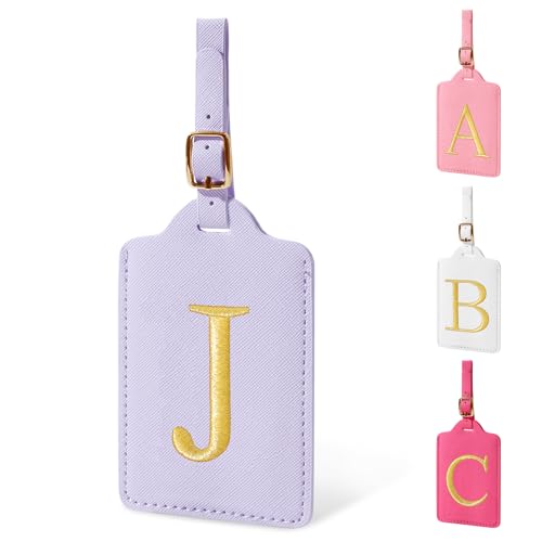 Personalized Initial Luggage Tags for Suitcase (Purple Leather,glod Letter / J)