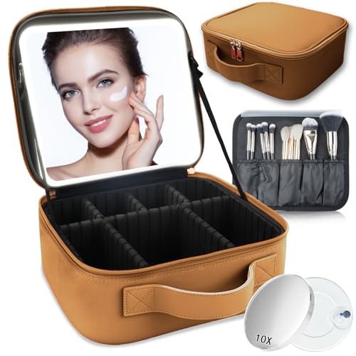 Makeup Bag with Led Mirror (Brown / with LED mirror and a 10x mirror)
