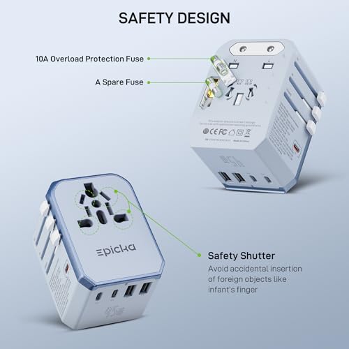 45W Universal Travel Adapter PD&QC (45W-5USB(3 USB-C) Blue)