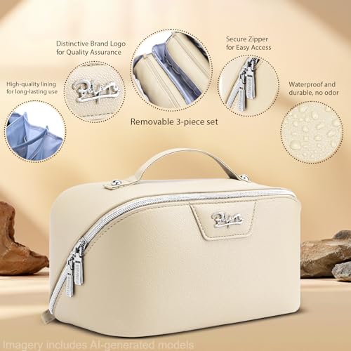 Travel Makeup Bag Cosmetic Bags for Women (L27Off-white)