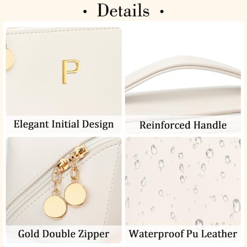 Initial Makeup Bag Personalized Gift for Women Teen Girls (Large Beige / P)