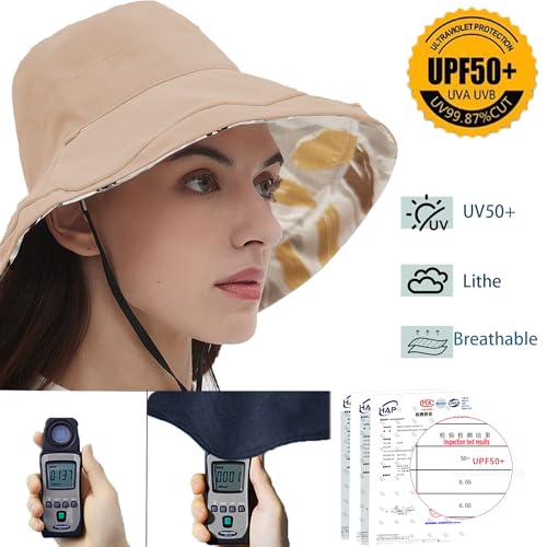 Womens Sun Hats Wide Brim Reversible Bucket Cotton Hat Packable Summer Travel Cap with Hat Clip (Medium / Khaki2)