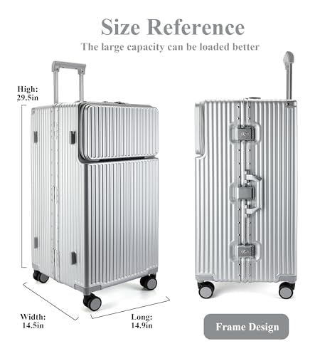 Super Large Aluminum Frame Zipperless Checked Luggage Front Pocket (B2-Silver / 30in)