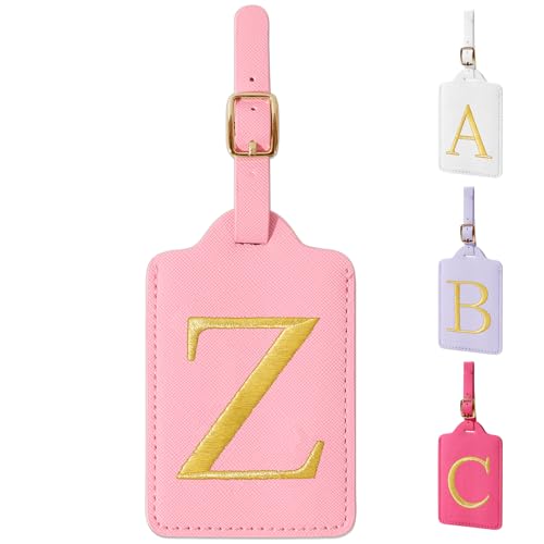 Personalized Initial Luggage Tags for Suitcase (Pink Leather,glod Letter / Z)