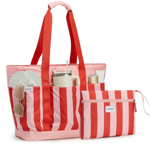 Beach Bag Waterproof Beach Tote Pool Bags for Women (Red Stripes / 35L)