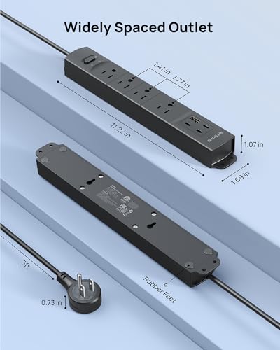 Wall Mount Surge Protector Power Strip with 360 Rotating Plug (Black / 3FT Rotating Plug)