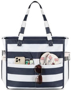 Waterproof Beach Tote Pool Bags for Women Ladies Extra Large Gym Tote Carry On Bag With Wet Compartment for Weekender Travel (Blue Grey Stripes)