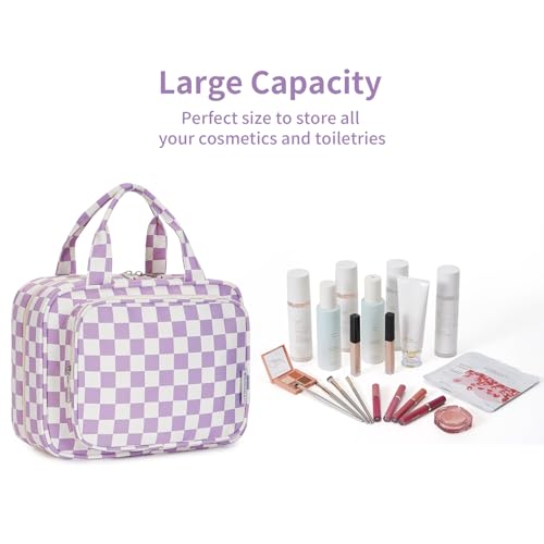 Hanging Toiletry Bag for Women (B-Purple Checkerboard / Medium)