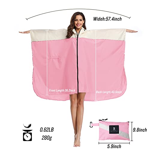Adult Rain Poncho Waterproof Hooded Zipper Raincoat with Pockets (One Size / A-pink-white)