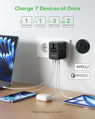 7-in-1 Universal Travel Adapter, GaN 45W iPhone 17 European Travel Plug Adapter, 3 USB-C PD & 2 USB-A QC,2 AC, International Power Adapter for Travel UK EU AUS JP, Travel Essentials (45 W)