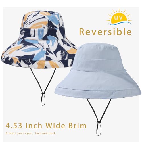 Womens Sun Hats Wide Brim Reversible Bucket Cotton Hat Packable Summer Travel Cap with Hat Clip (Medium / Blue2)