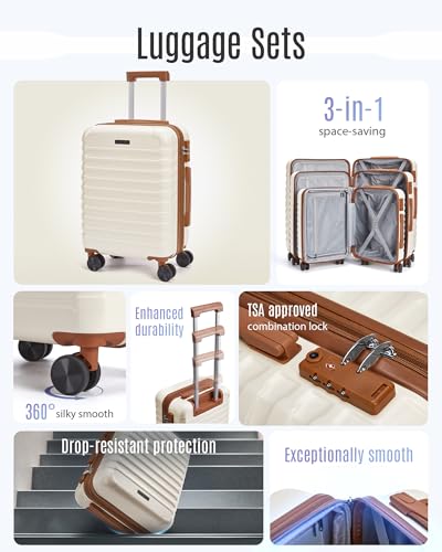 Luggage Sets 3 Pcs Suitcase with Wheels (White / 3-Piece Set-20 Inch/24 Inch/28 Inch)