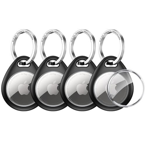 Holder for Apple AirTag 4 Pack [Hold Air Tag Securely] [Easy to Install] [Fit Tightly Design] Protective Case Waterproof TPU Shell with 304 Stainless Steel Key Ring Keychain (Black with Keychain)