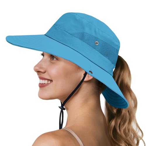 Ponytail Sun Hats for Women UPF 50+ Pure SkyBlue (Pure Skyblue(ponytail Hole))