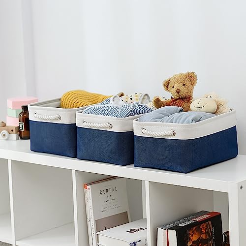 Storage Bins for Shelves (White & Blue / Medium -13.8Lx9.8Wx6.7H)