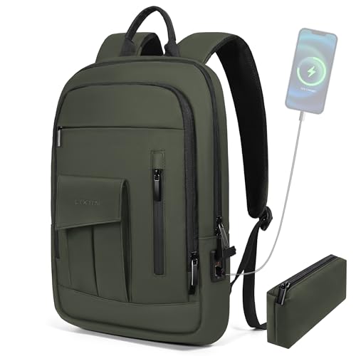 Business Backpack for Men Slim Lightweight Laptop Backpack for 17.3 Inch Computer Water Resistant Small Office Backpack for Commute Travel Daily Office Work with Small Bag (17.3" / With Pocket / Green)