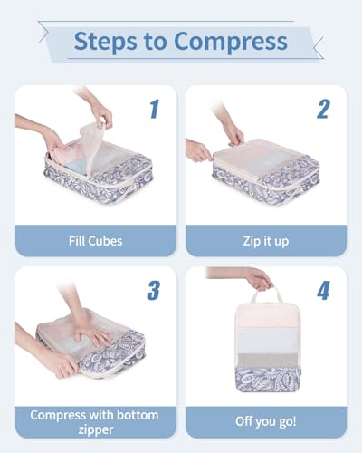 6 Set Compression Packing Cubes for Travel Women Men (Y-Blue Leaf)
