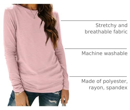 Long Sleeve Shirts for Women Casual Crewneck Tops Basic Tees (Small / 01pink)