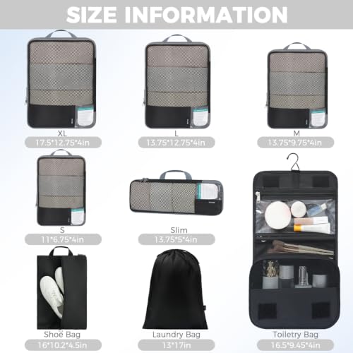 4 Set/6 Set/8 Set Compression Packing Cubes Travel Accessories Expandable Packing Organizers (Half Mesh, 8-Jet Black) (8-Jet Black / Half Mesh)