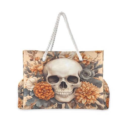 Large Beach Bags Totes Canvas Tote Shoulder Bag Soft Wave Water Resistant Bags for Gym Travel Daily Ocean (Skeleton Flower)