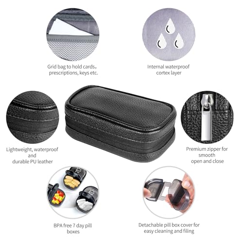 Weekly Travel Pill Organizer 2 Times a Day AM PM Black Pill Box (B Pu Black 01 / 1 Set PU Case)