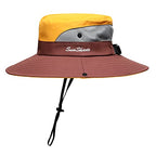 Womens Summer Sun Hat Beach Hat Wide Brim Outdoor UV Protection Hat Foldable Cool Mesh Ponytail Bucket Hat (6-7 / Yellow-brown)