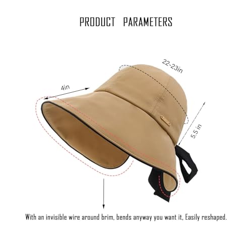 Wide Brim Hats for Woman Foldable Hats Sun Hats for Women uv Protection Bowknot Bucket hat Adjustable hat with Ponytail Hole Khaki (Khaki)
