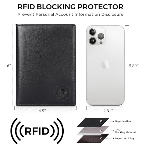 Polare Leather AirTag Passport Holder RFID Blocking Travel Bifold Wallet (Black/Brown with AirTag Slot)