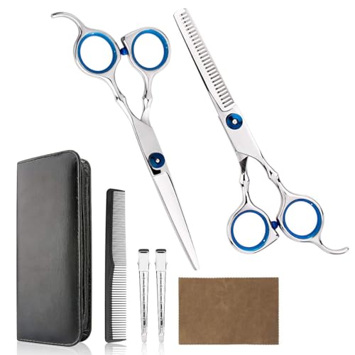 Professional Home Hair Cutting Kit Home Haircutting Scissors Barber Salon Home Thinning Shears Kit with Comb and Case for Men Women (Blue)