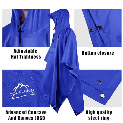 Hooded Rain Poncho Lightweight Waterproof Unisex Raincoat Jacket with Pocket for Men Women Adult (One Size / Blue)