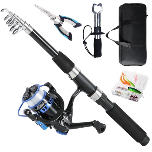 Fishing Rod 6.9ft Telescopic Fishing Rod and Reel Combo with Fishing Pliers and Lip Gripper Fishing Equipment (Blue-6.9ft Spinning Combo)