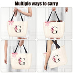 Tote Bag, A-Z Initial Monogrammed Waterproof Tote Bag, Bridesmaid Gifts for Women, Black and Pink (G, Beige) (Beige)