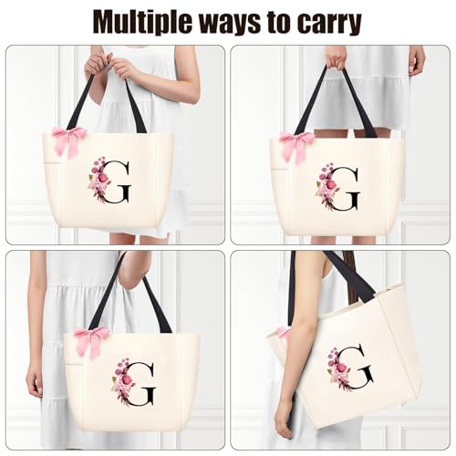 Tote Bag, A-Z Initial Monogrammed Waterproof Tote Bag, Bridesmaid Gifts for Women, Black and Pink (G, Beige) (Beige)
