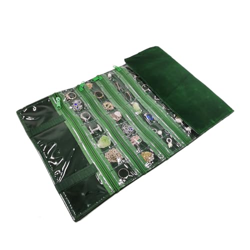Travel Jewelry Roll Bag Portable Organizer Pouch With Grids&PVC Cover Storage Bags for Necklace (Blackish Green Velvet 56 Grids)