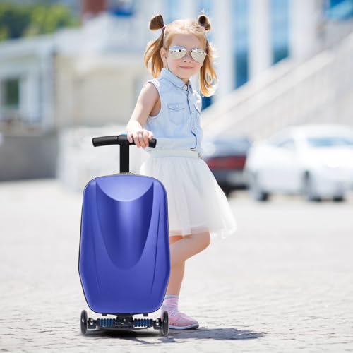 2-in-1 Ride-On Scooter Suitcase, 20” Foldable Hardshell Carry-On Luggage for Travel, Lightweight Kids Scooter Bag with Wheels (Dark Blue)